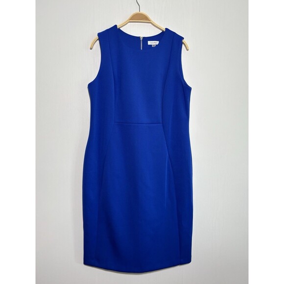 Calvin Klein Sheath Dress Womens 16W Blue Scuba Crepe Princess Seam Sleeveless - Picture 1 of 15